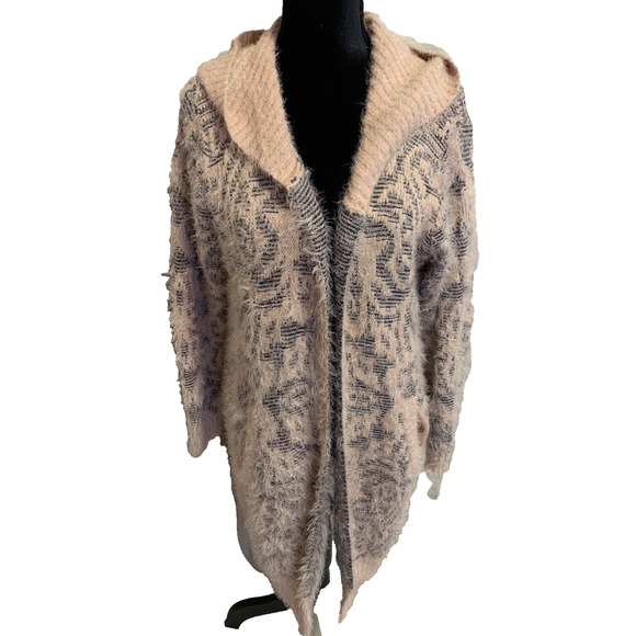 Joh Hoodie Sweater Womens S / M Open Front Long Soft Fuzzy Pink Pattern Cardigan - Picture 12 of 16